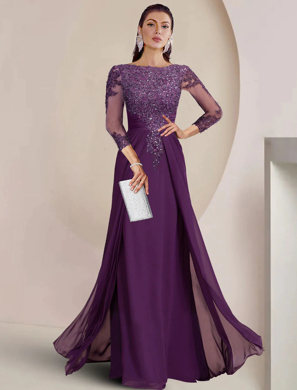 Wholesale Sheath / Column Mother of the Bride Dress Formal Fall Wedding Guest Elegant Sequin Scoop Neck Floor Length Chiffon Lace 3/4 Sleeve with Appliques Sparkle & Shine